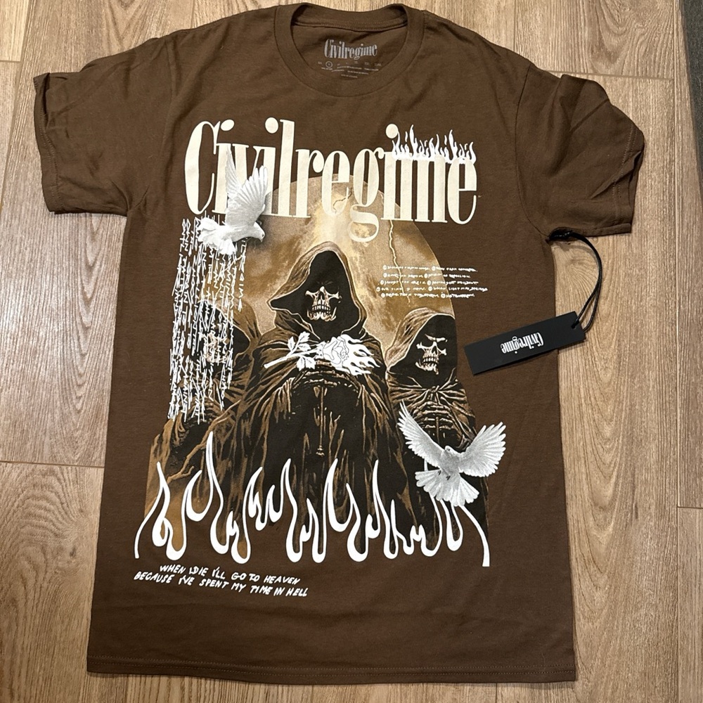 Brown Graphic Tee - Hooded Skeleton Design